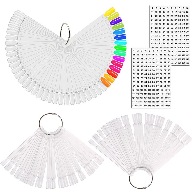 JASSINS 150 Pcs Nail Swatch Sticks with Ring and Number posted, Clear Fan-shaped Nail Art Polish Practice Display Tips Nail Sample Sticks, Nail Practice Color Display Polish Board - Image 1